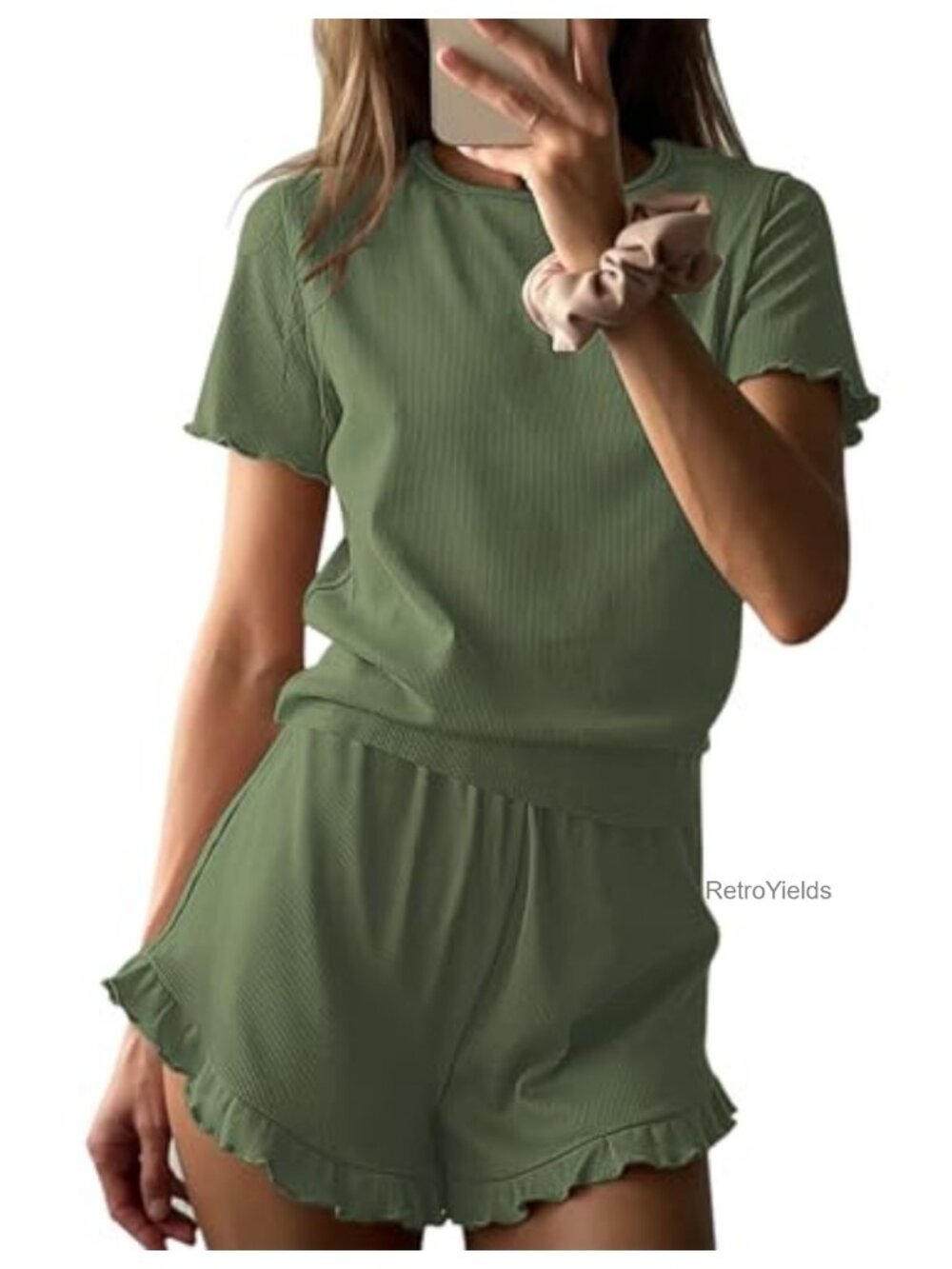 Ekouaer Ribbed Knit Lounge Set Short Sleeve Pajama Set Ruffle Pjs with Pockets